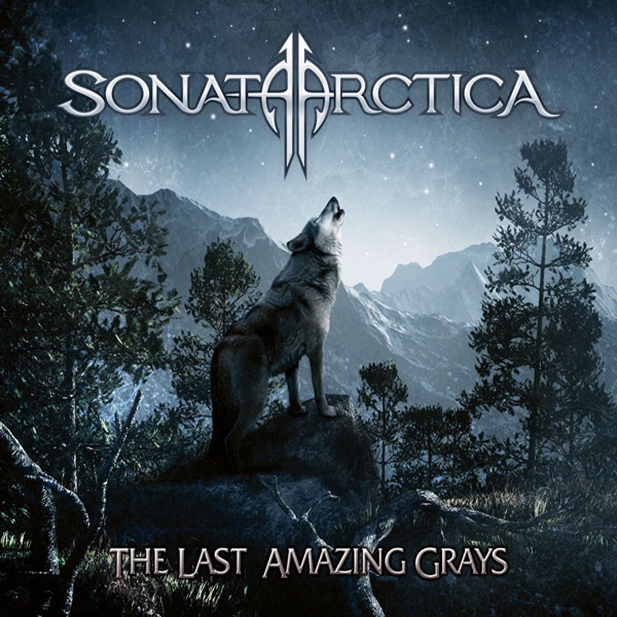 Album cover art of a wolf on a rock at night with mountains, trees, and a starry sky