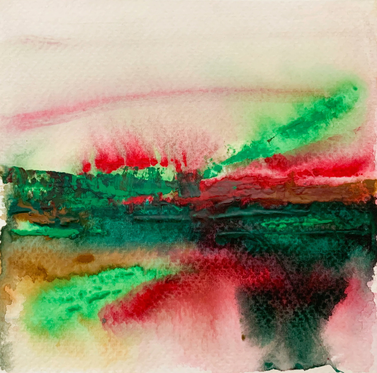 Abstract watercolor painting with green, red, and brown horizontal strokes blending together