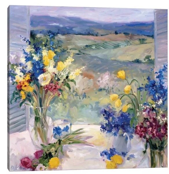 Watercolor painting of colorful flowers in vases with a soft countryside landscape in the background