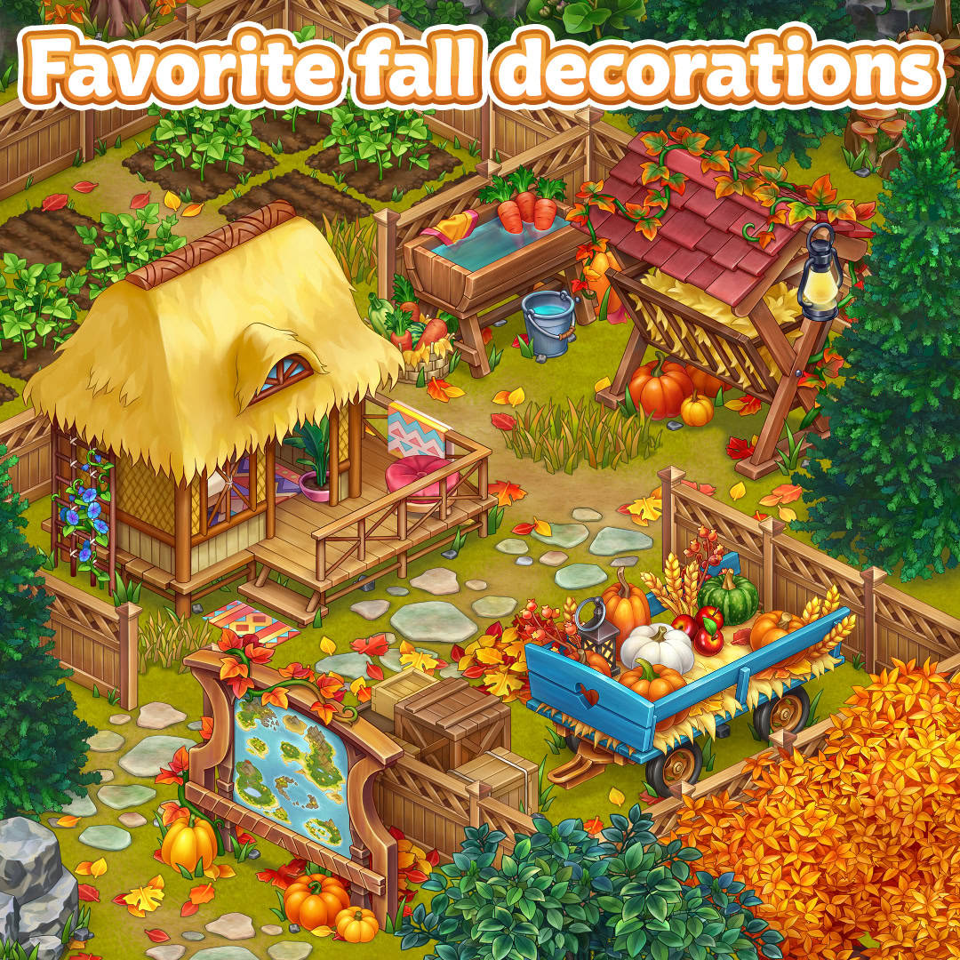Illustrated autumn farm with pumpkins, harvest vegetables, hay bales, wagons, and colorful fall foliage
