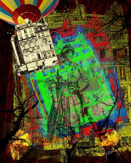 Colorful digital collage with vintage woman, building, hot air balloon, and bold abstract layers