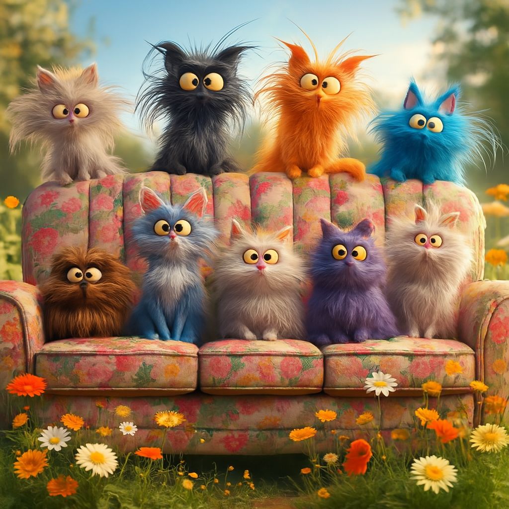 Nine colorful fluffy cartoon cats with large eyes on a floral couch surrounded by flowers