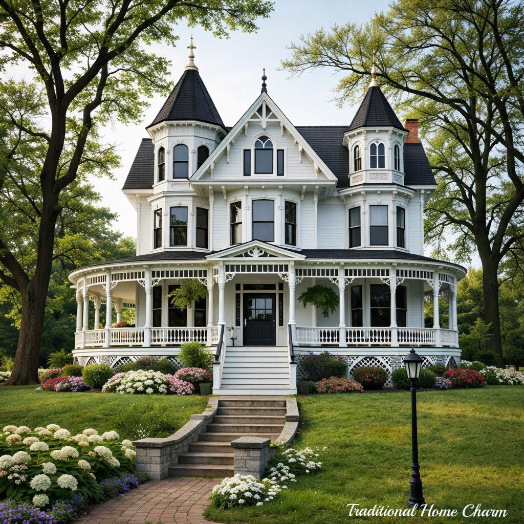White Victorian house with turrets, decorative porch, landscaped garden and pathway