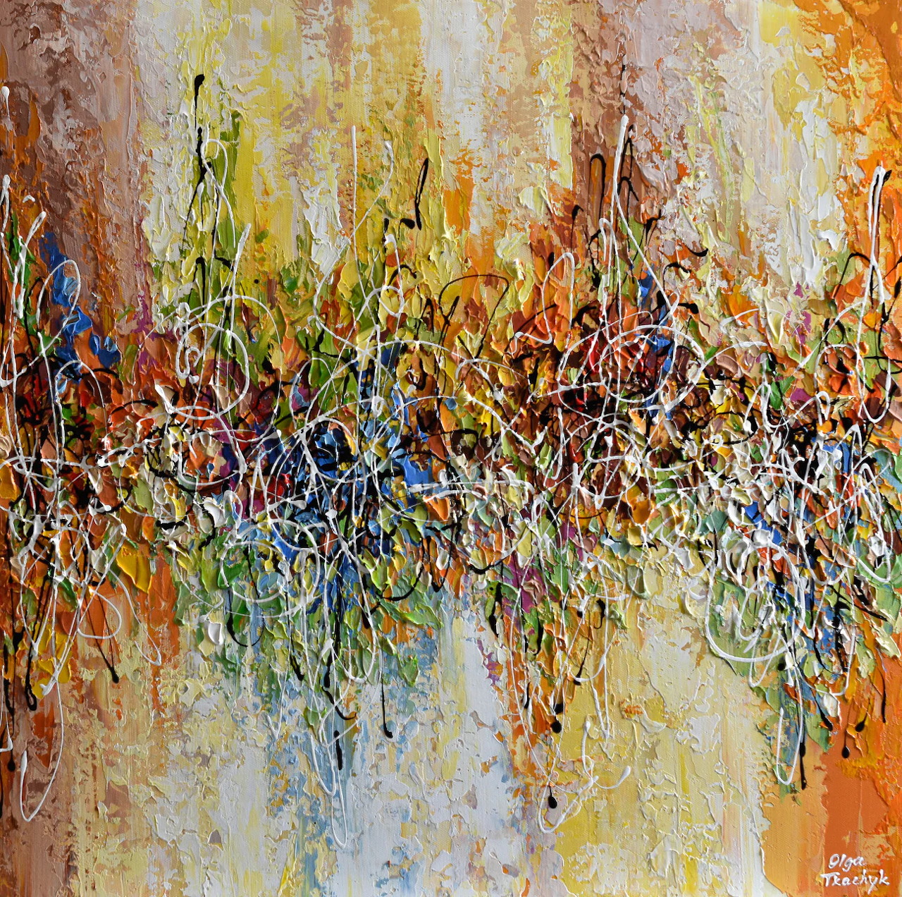 Colorful abstract painting with swirling drip lines in blue, green, orange and yellow tones