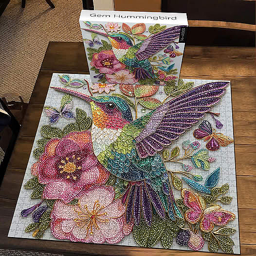 Colorful hummingbird gem art canvas with flowers and butterflies beside its box on a wooden table