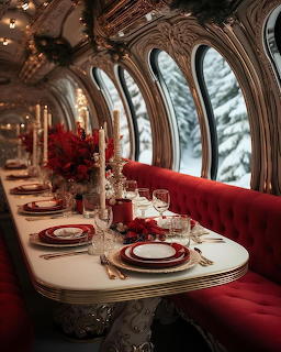 Elegant dining table in luxury train car with ornate windows, red roses, fine china place settings, red velvet seats