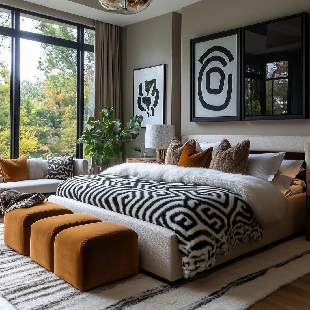 Modern bedroom with large windows, abstract art, white bed, and mustard ottomans