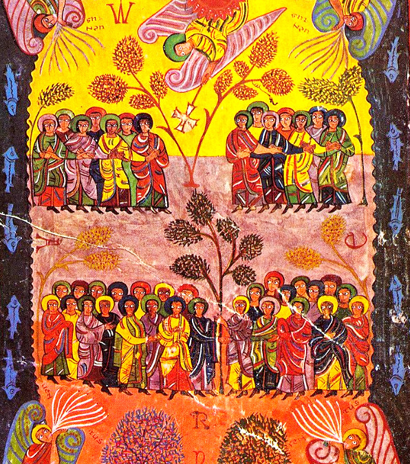 Medieval illumination with angels, groups of haloed figures, radiant suns, and a central tree.