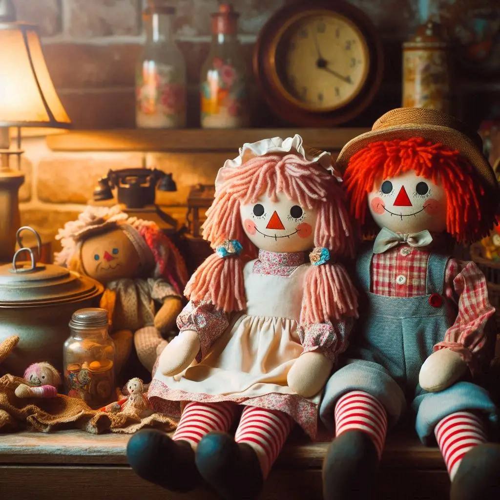 Three rag dolls on a rustic shelf with a lamp, clock, and vintage telephone