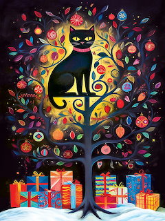Black cat sitting in ornate tree with colorful spiral branches, flowers, and gift boxes at base