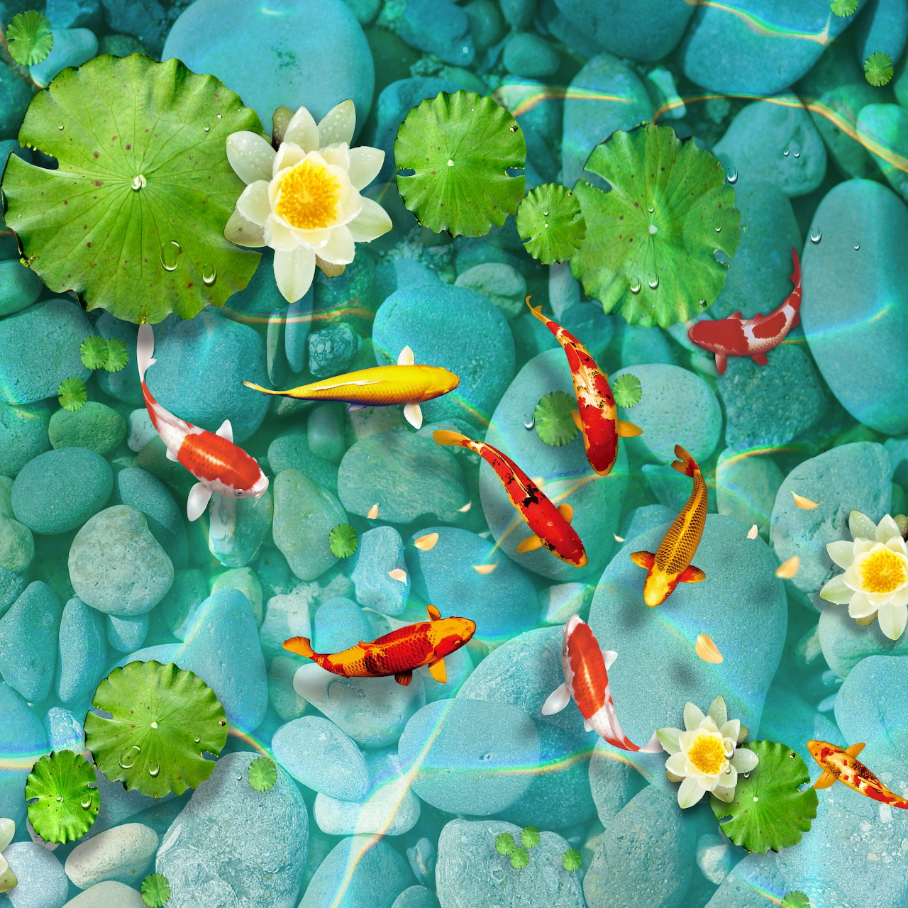 Overhead view of orange and red koi fish swimming in turquoise pond with white lotus flowers and green lily pads