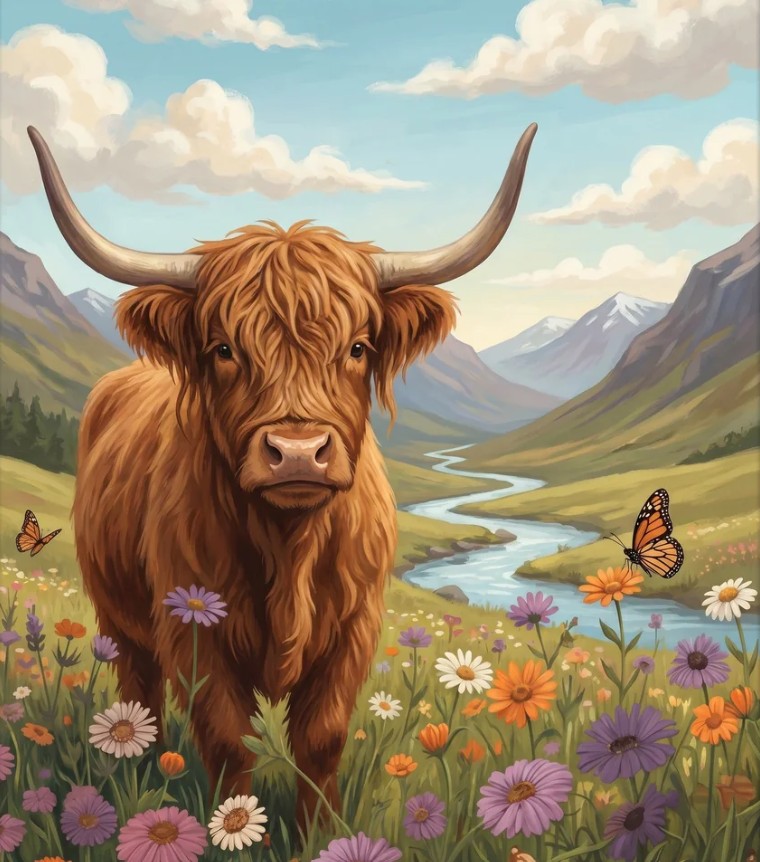 Illustrated Highland cow in a flower meadow with butterflies, river, and mountains