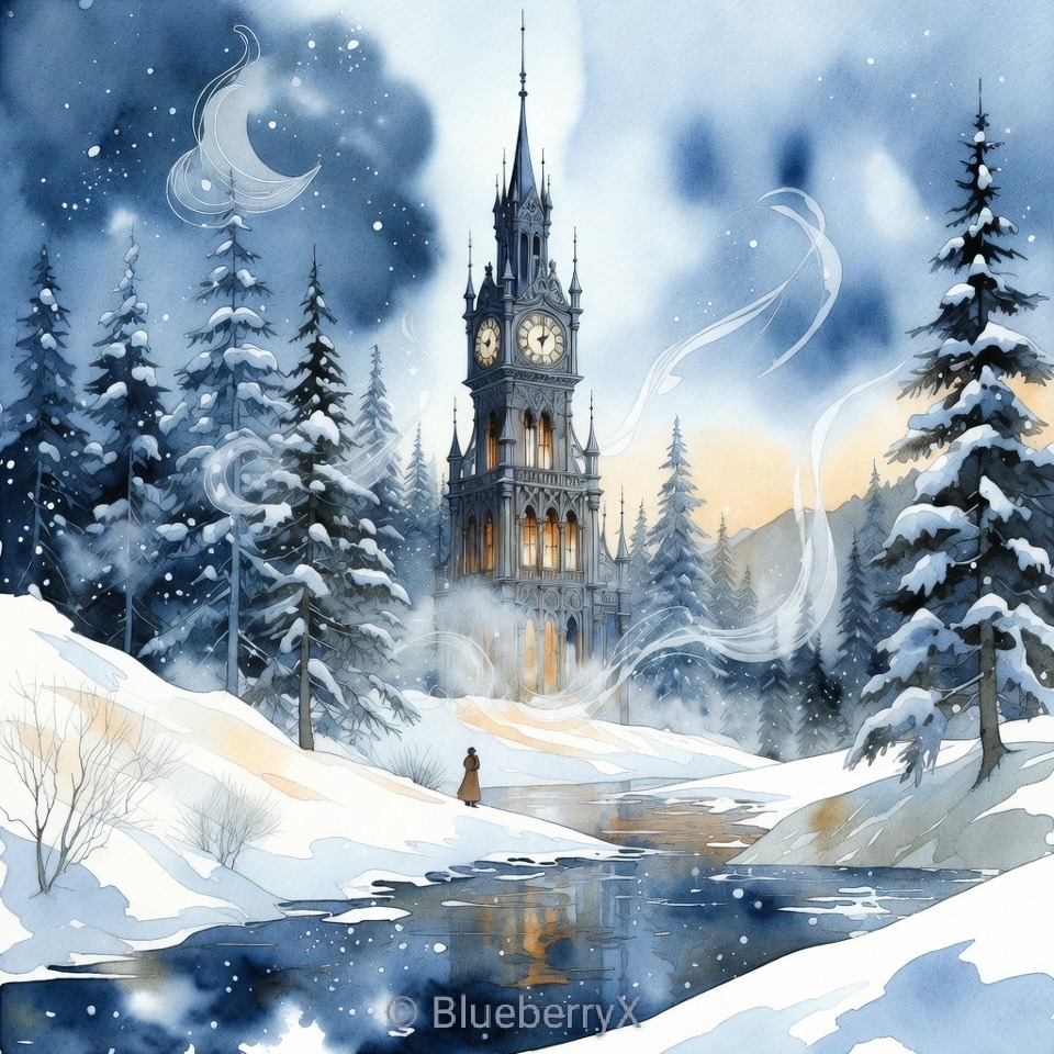 Illuminated Gothic castle tower in snowy fantasy winter forest with magical swirling sky and frozen stream