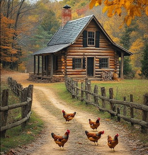 Log cabin in autumn forest with five brown chickens walking on dirt path