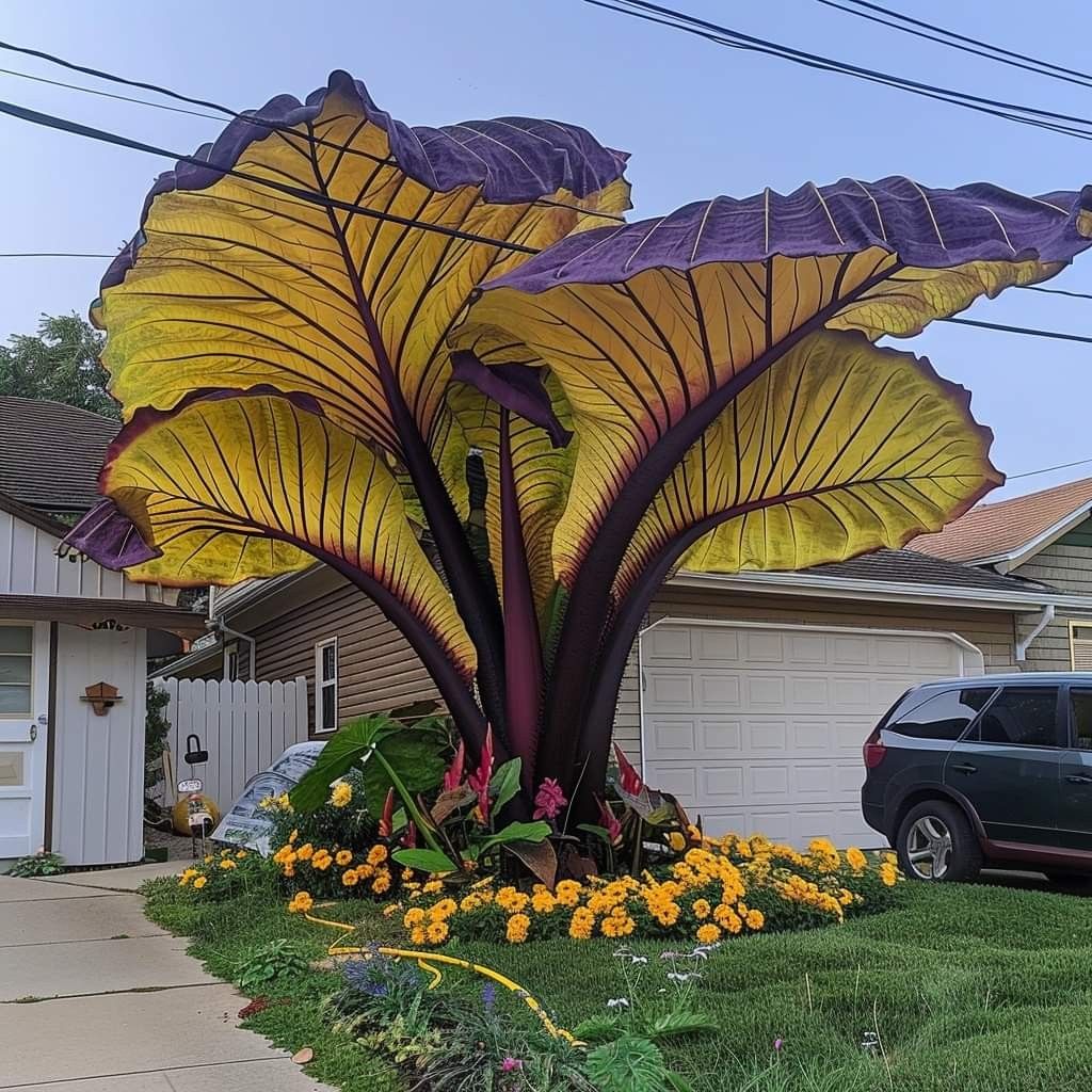 Large elephant ear plant with huge green and purple leaves in a front yard flower bed
