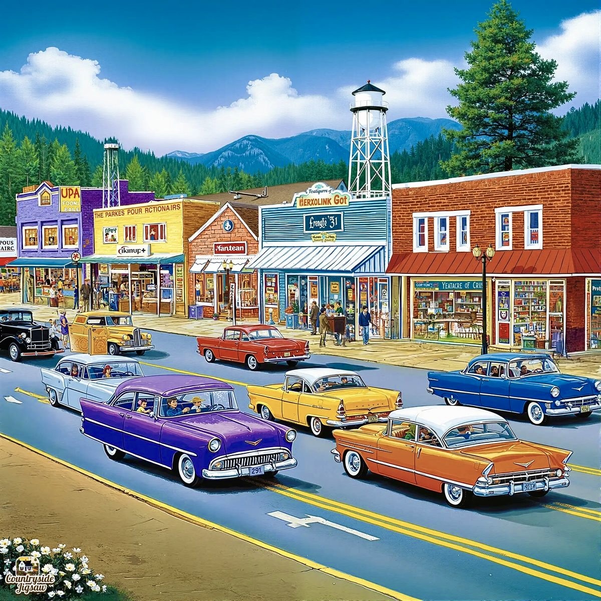 Vintage painting of a small town street with classic cars, shops, and mountains
