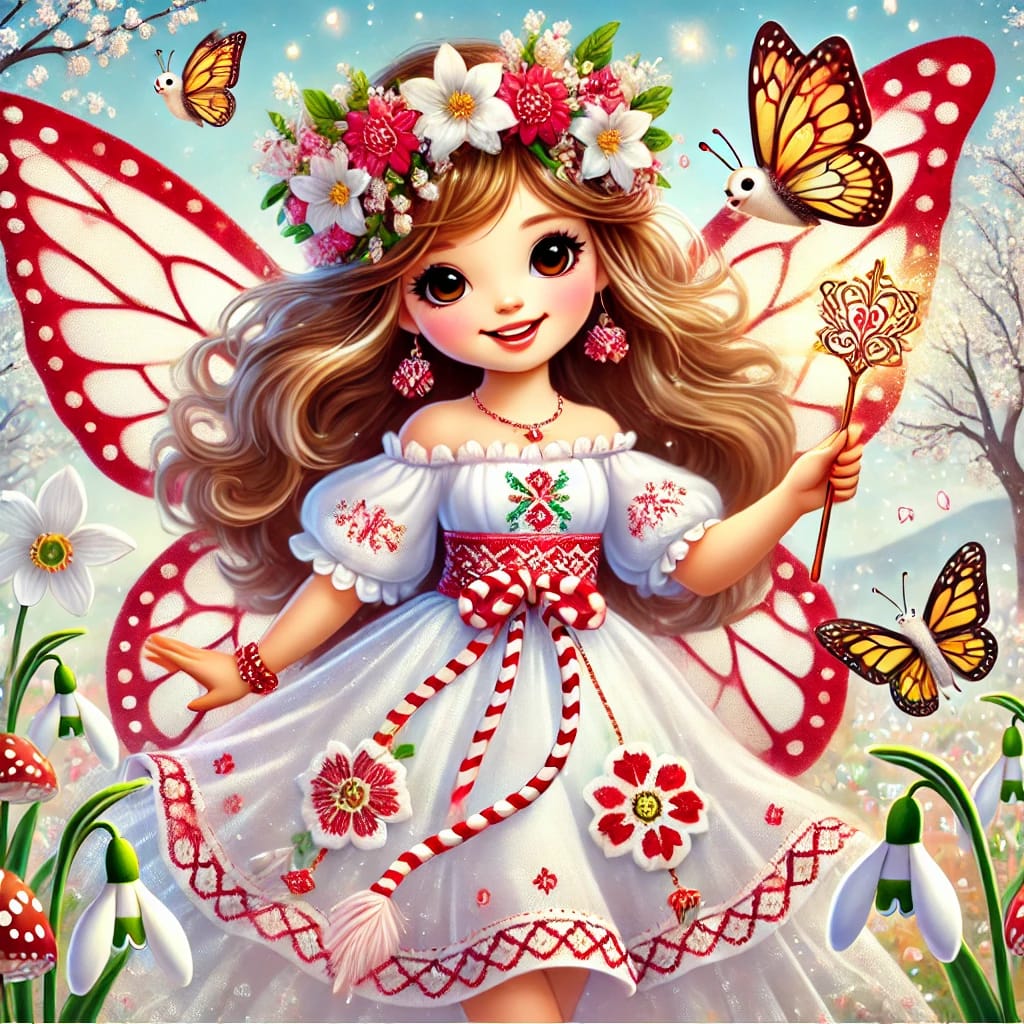 Fairy girl in Romanian traditional dress with red butterfly wings holding martisor surrounded by spring flowers and butterflies
