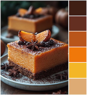 Square slice of spiced pumpkin cake garnished with star anise and orange on a plate