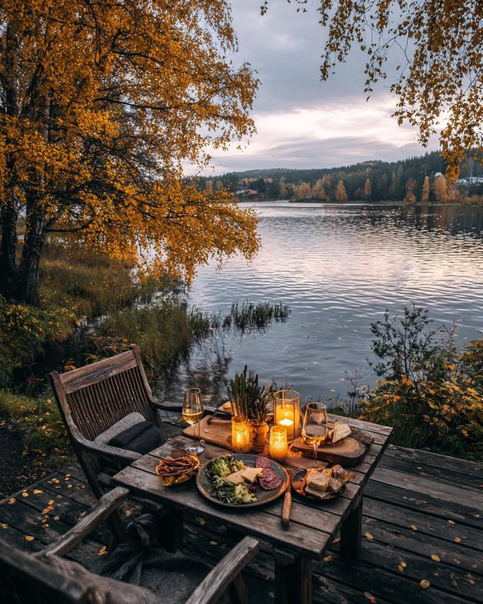 Candlelit outdoor dinner table on a wooden deck beside a calm lake with autumn trees