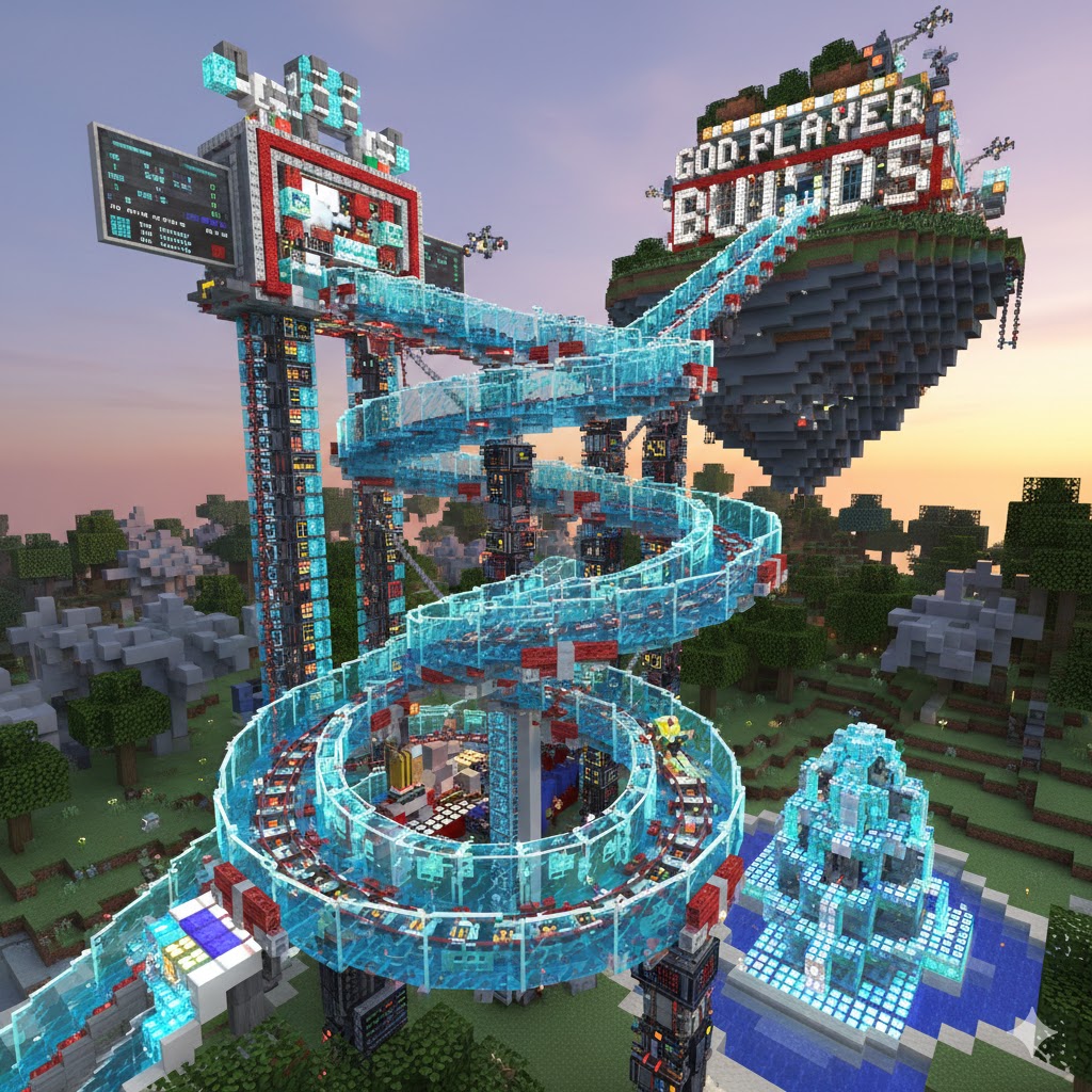 Detailed Minecraft build of a large water park with bright blue spiral slides and pools against a sunset sky
