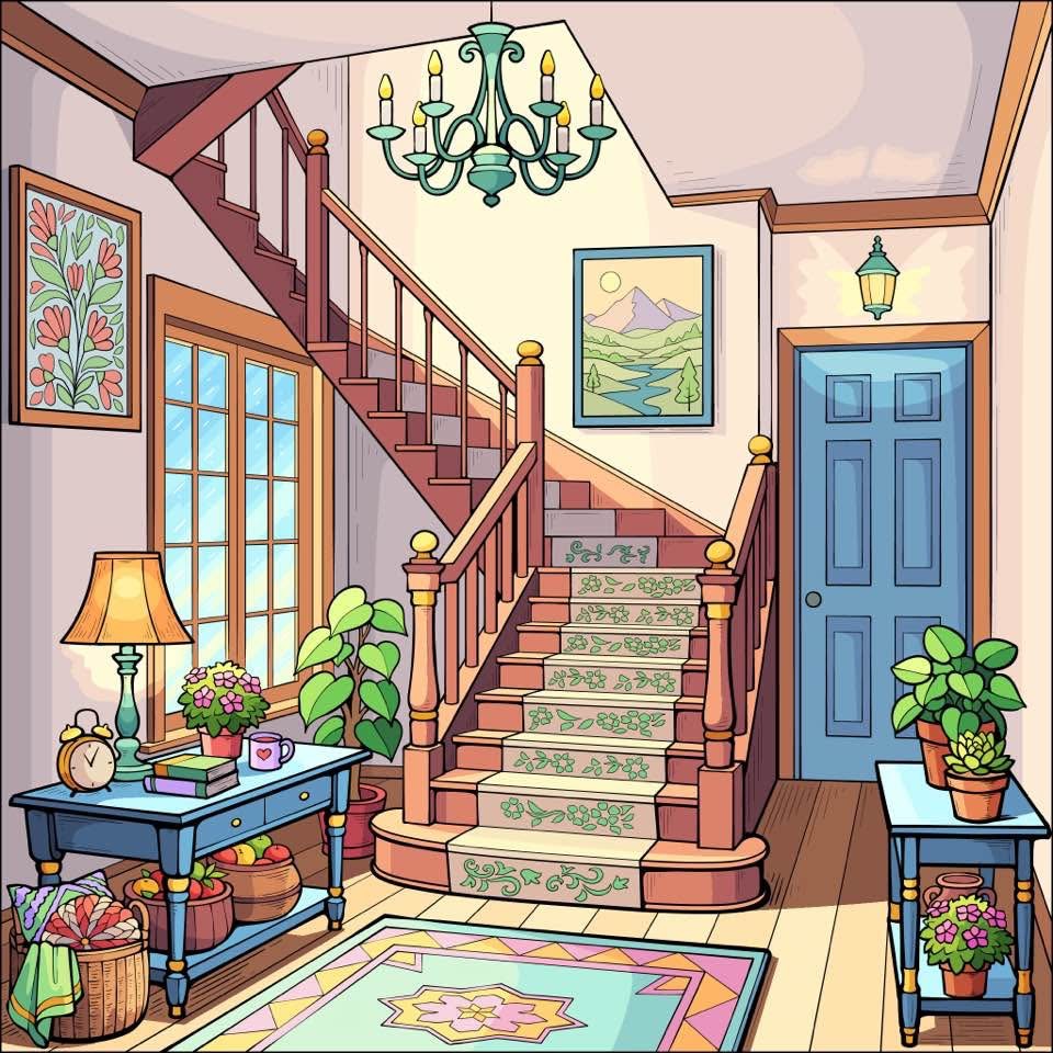 Illustrated home entryway with wooden staircase, blue door, chandelier, plants, and decorative rug