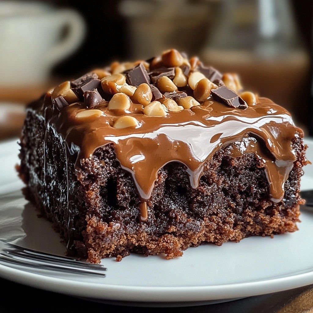 Slice of chocolate cake with peanut butter frosting and chocolate chips on a white plate