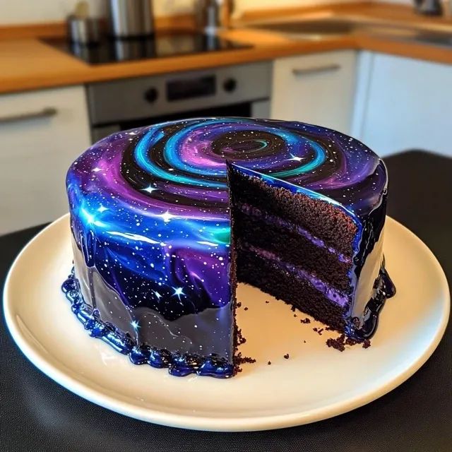 Galaxy-themed layer cake with a slice removed on a white plate