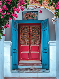 Decorative red door with blue shutters and pink flowers on white building