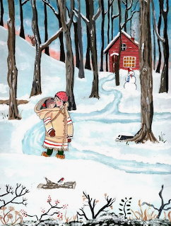 Child in winter coat standing in snowy woods with red cabin and snowman