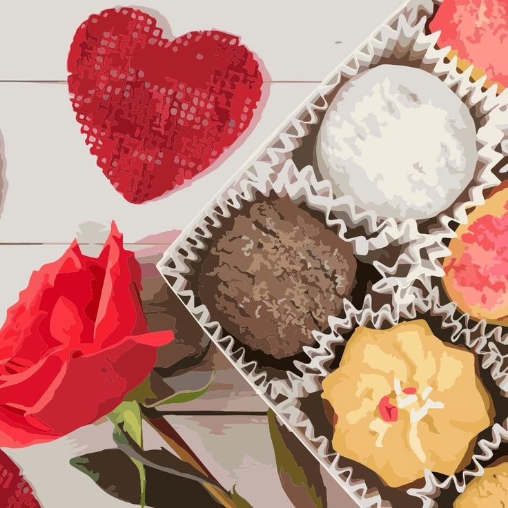 Illustration of assorted chocolates in a box with a red rose and red heart