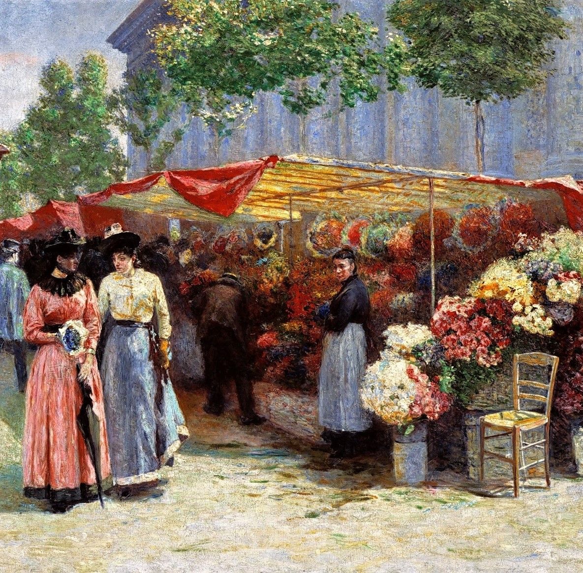 Impressionist painting of people at an outdoor flower market with red and yellow canopies and abundant blooms