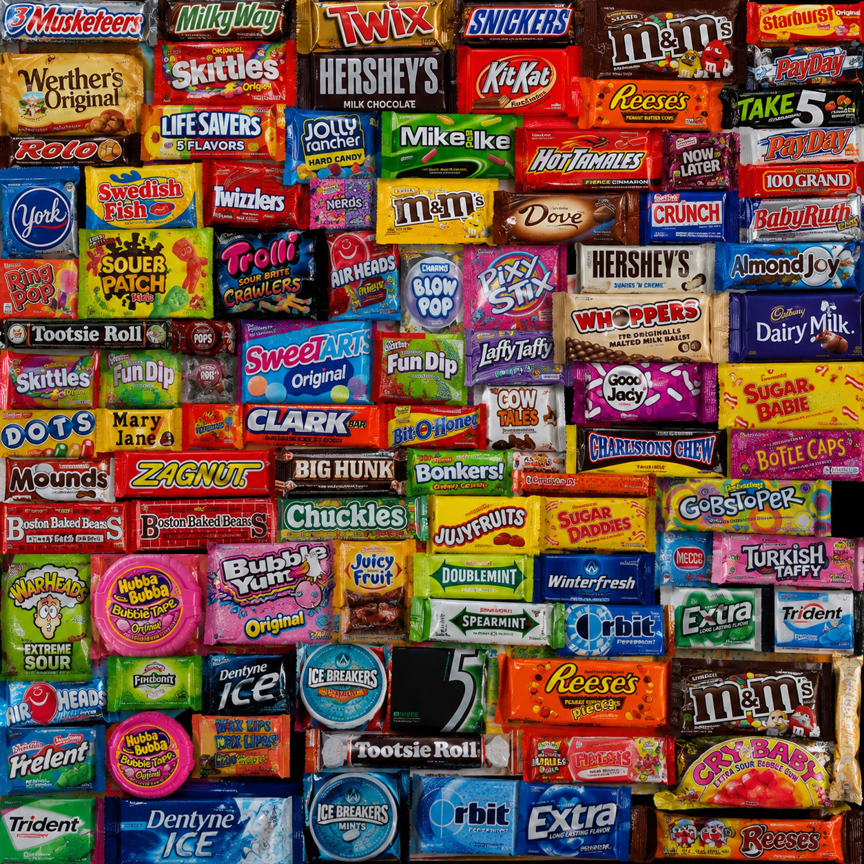 Grid collage of colorful candy brand logos and wrappers including chocolate bars, gum, and sweets