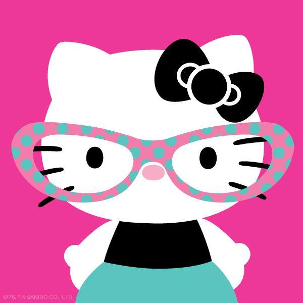 Hello Kitty illustration wearing turquoise polka-dot glasses on a bright pink background