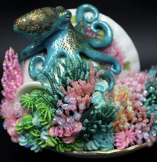 Ceramic sculpture of a turquoise octopus resting on a colorful beaded coral reef base against a dark background