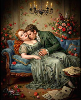 Regency couple embracing on ornate sofa surrounded by roses and candles in romantic interior setting