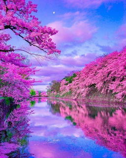 Pink cherry blossom trees lining a river with purple sky and moon reflection