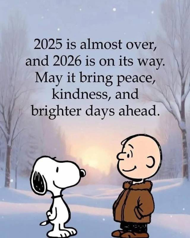 Snoopy and Charlie Brown in snow with New Year 2025-2026 inspirational message