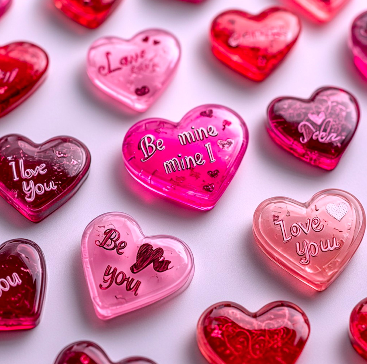 Pink and red translucent heart-shaped candies with love messages on white surface