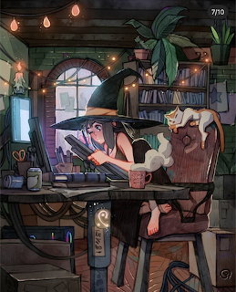 Illustration of a witch reading at a cozy desk at night with a white cat, string lights, and bookshelves