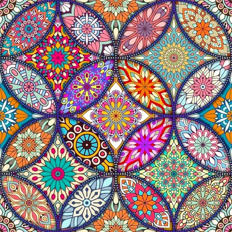 Colorful grid of decorative circular mandala patterns with geometric and floral designs in vibrant hues