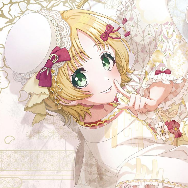 Blonde anime girl with green eyes in white dress holding wrapped gift box with cheerful smile
