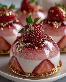 Dome-shaped pink and white strawberry mousse desserts topped with fresh strawberries and gold flakes