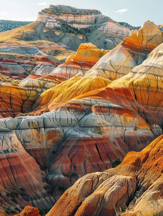 Colorful layered badlands rock formations with orange, yellow, red, and gray stripes at Escalante State Park