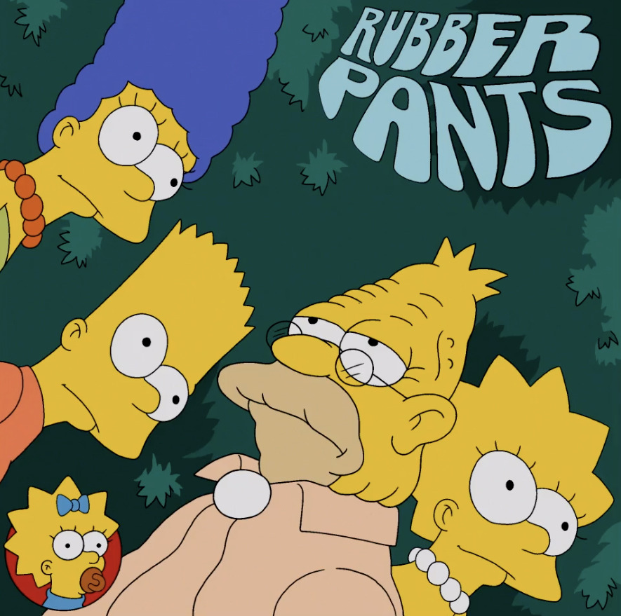 Simpsons characters parodying Beatles album cover with faces looking upward
