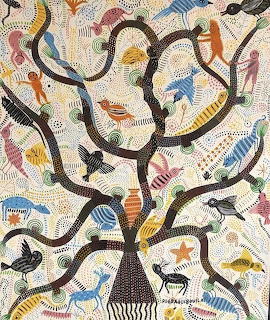 Decorative tree with black branches, colorful birds and animals on textured cream background