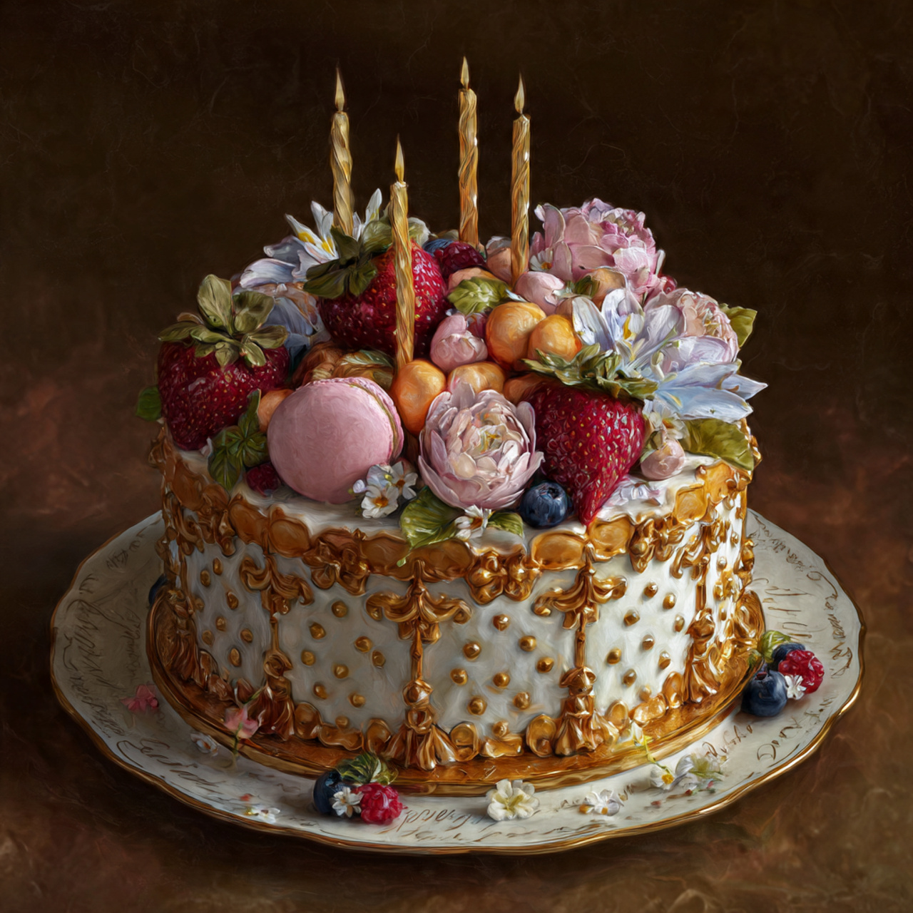 White layered cake decorated with pink peonies, strawberries, blueberries, macarons, gold drizzle, and lit candles