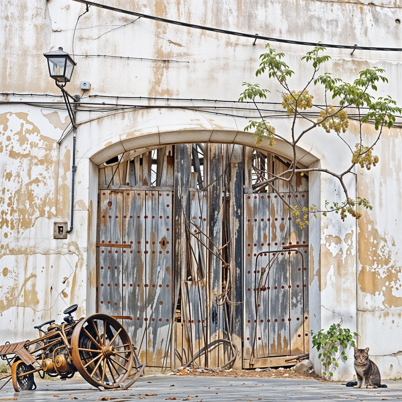 Tabby cat sitting by rustic wooden door with vintage farm equipment and overhead lamp on weathered white wall