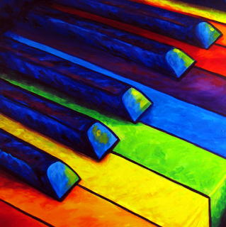 Rainbow-colored piano keys with vivid blue, green, yellow, orange and red hues in artistic style