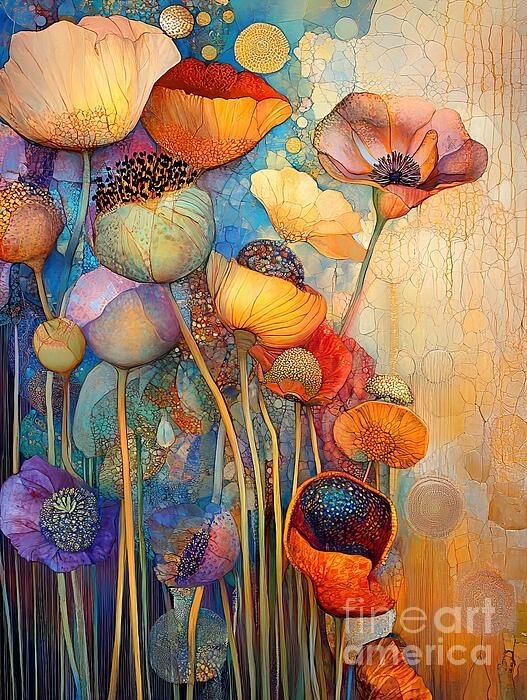 Abstract painting of colorful translucent flowers with bokeh circles on textured background