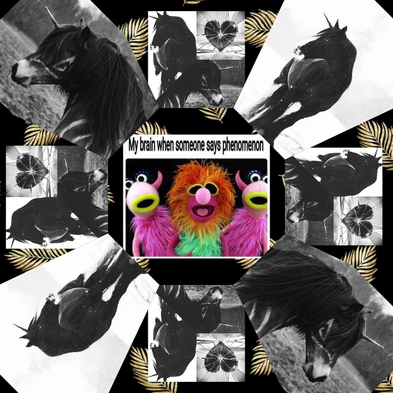 Collage of black-and-white horse photos surrounding a colorful fuzzy puppet face